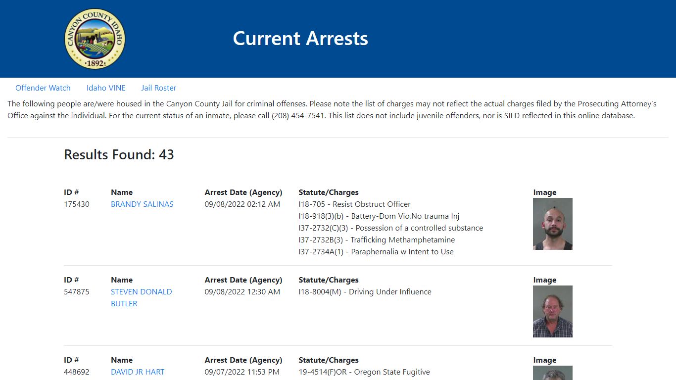 Current Arrests - Canyon County, Idaho